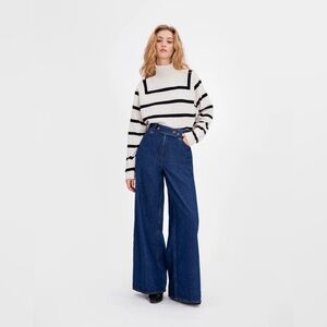 Tanya Taylor Brinkley Cotton Turtleneck Sweater Large Cream/Black Wide Stripe